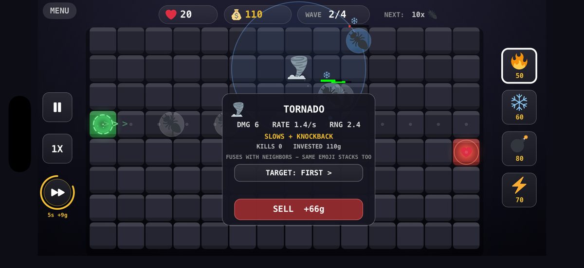 A Fusemoji run in progress: a fused Tornado tower selected on the grid, its card showing 6 damage, 1.4 shots per second, and slow-plus-knockback.