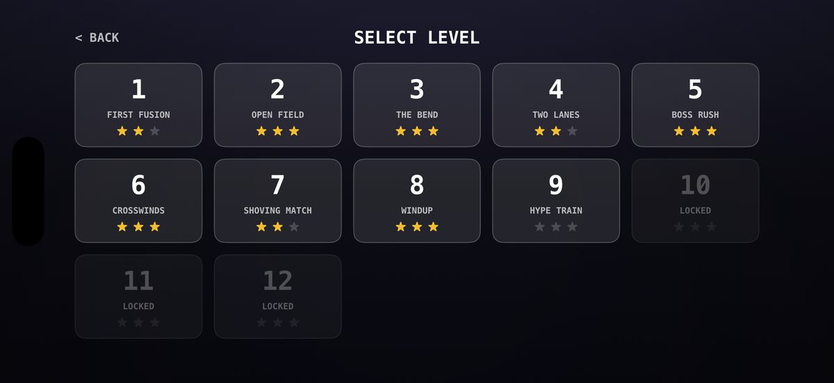 The Fusemoji level select screen: twelve levels named First Fusion through to the locked later stages, each with a three-star rating.