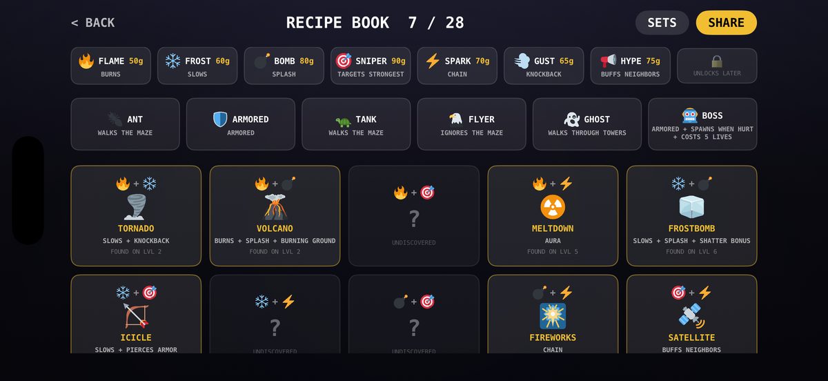 The Fusemoji Recipe Book at 7 of 28 discovered: cards for Tornado, Volcano, Meltdown, Frostbomb, Icicle, Fireworks and Satellite, beside undiscovered slots marked with question marks.